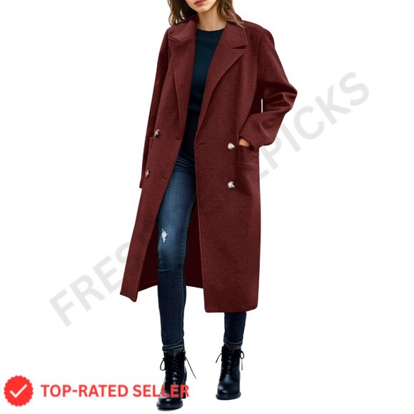 Double Breasted Pea Coat Long Trench Coat Casual Work Office Overcoat